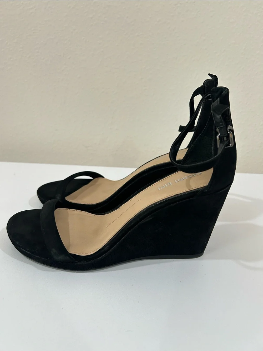 Gianni Bini Black Suede Wedge Sandals with Ankle Strap, NWOT Size 8.5